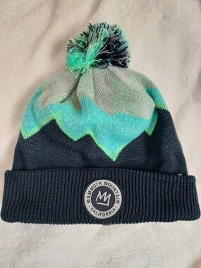 Mammoth Mountain CA 2019/2020 Ski Season Knit Pom Beanie Navy Aqua Accent Unisex